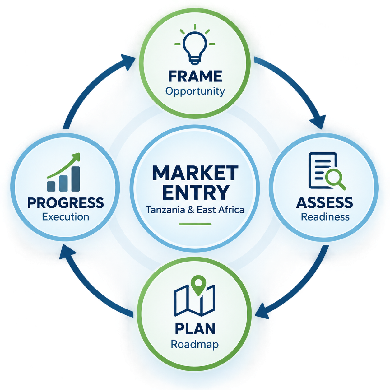 Circular four-step market-entry process: Frame, Assess, Plan, Progress